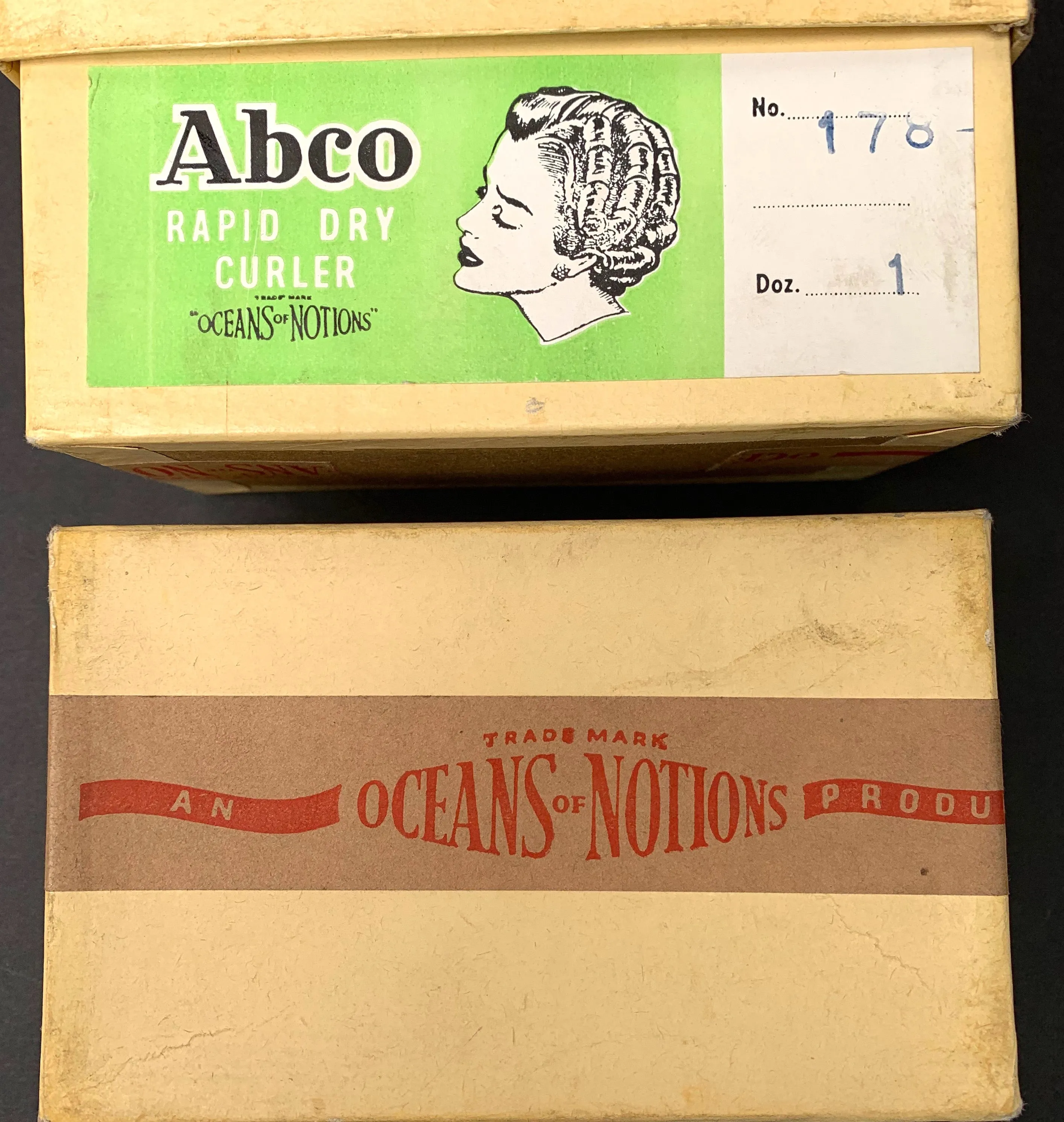 Box of 12 Unused 1940's Rapid Dry Curlers Hair Rollers "OCEANS Of NOTIONS"